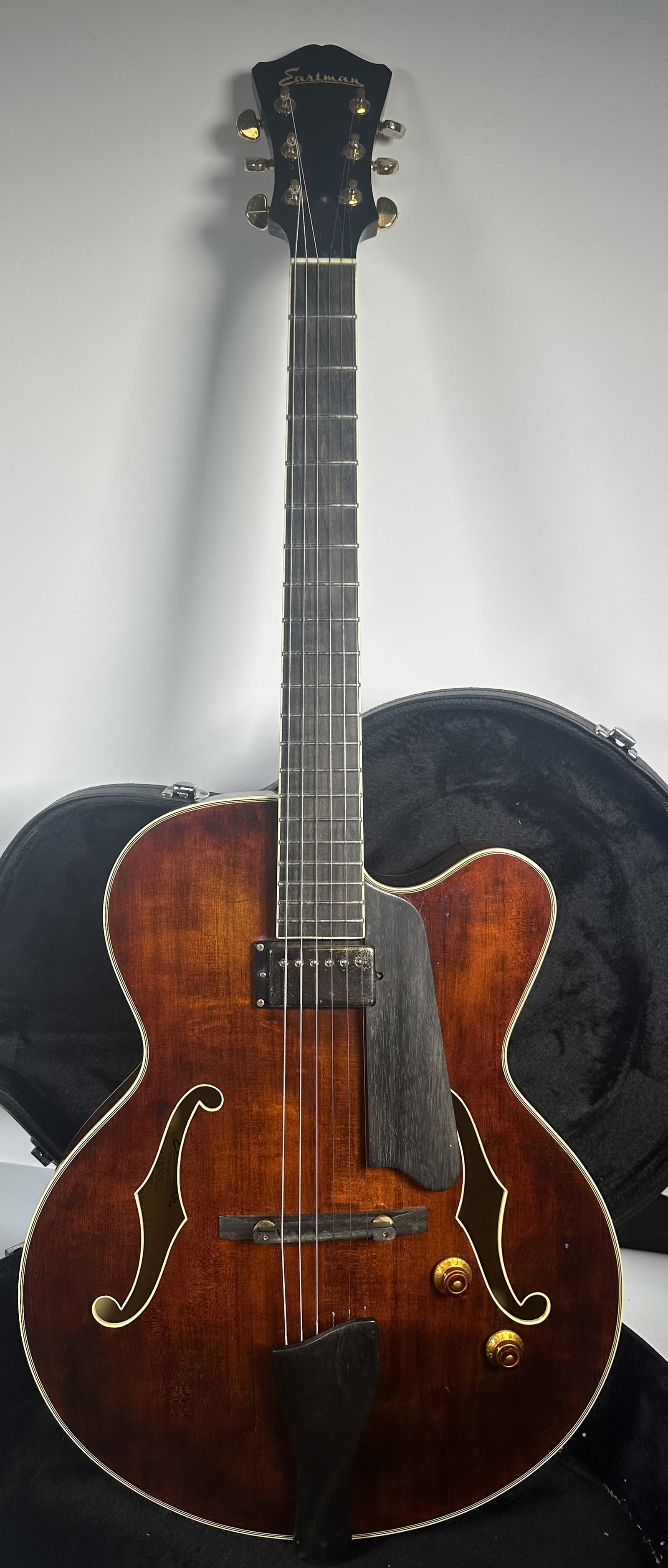 Eastman AR503CE Hollow Body Electric Guitar w Case: Eastman AR503CE Hollow Body Electric Guitar w Case The Eastman AR503CE is a 16-inch hollow body electric archtop jazz guitar featuring a hand-carved solid Sitka spruce top, laminated flamed maple