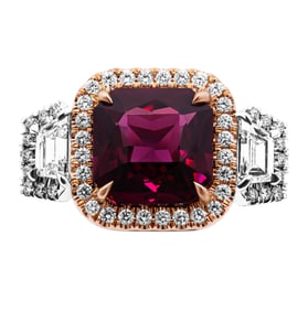 3 Stone Ring with Cushion Cut 4.55ct Red Garnet