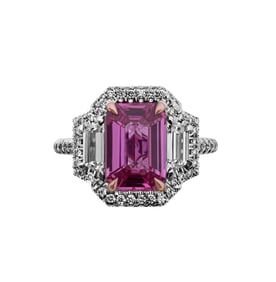 3 stone ring with Emerald Cut Pink Sapphire