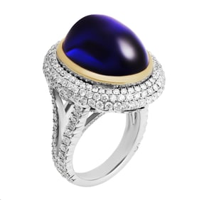 GIA Certified 26.37 Carat Oval Tanzanite Cabochon Diamond Cocktail Ring
