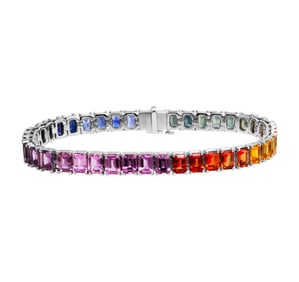 Tennis Bracelet with Emerald Cut Rainbow Sapphires in 14K White Gold
