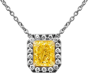 GIA Certified Halo Pendant with 4.02ct Fancy Light Yellow Diamond Radiant Cut