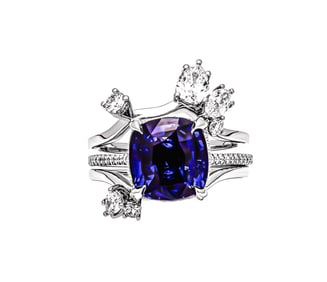 Blue Sapphire Ring with Diamond Insert in Platinum