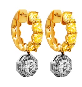 GIA Certified Hoop Earrings with Fancy Yellow Asscher Cut and White Diamond Drop