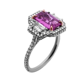 3 stone ring with Emerald Cut Pink Sapphire