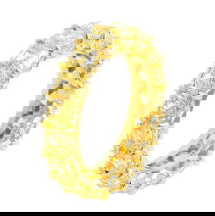 M&V Vanguard Eternity Band with Fancy Yellow Asscher Cut Diamonds 7.73ct: This exquisite eternity band by M&V Vanguard features 17 fancy yellow Asscher cut diamonds, each approximately 0.45ct, with a total diamond weight of 7.73ct. Set in rich 18K yellow gold, the band is f