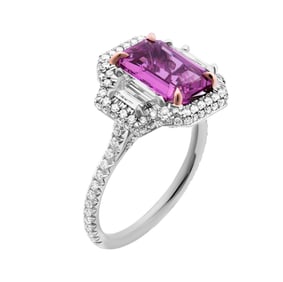 3 stone ring with Emerald Cut Pink Sapphire