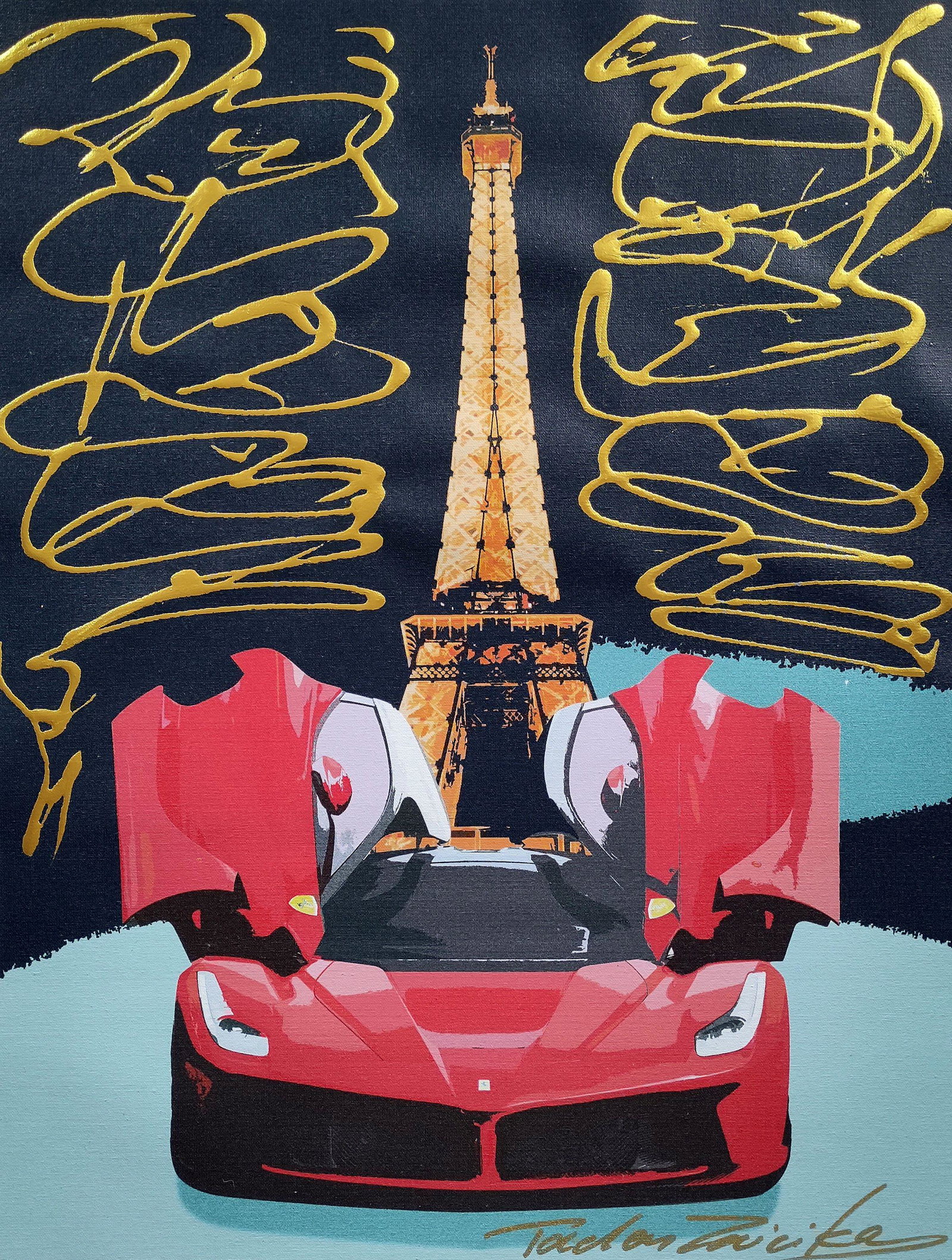 TedyZet - "POP_ Red Ferrari in Paris"original urban painting on canvas hand signed 18" x 24": Original urban painting on canvas. Mixed media- Acrylic on digital printed canvas. Hand signed, Certificate of authenticity issued by the artist. Title: "POP_ Red Ferrari in Paris"; Year: 2023; Dimens