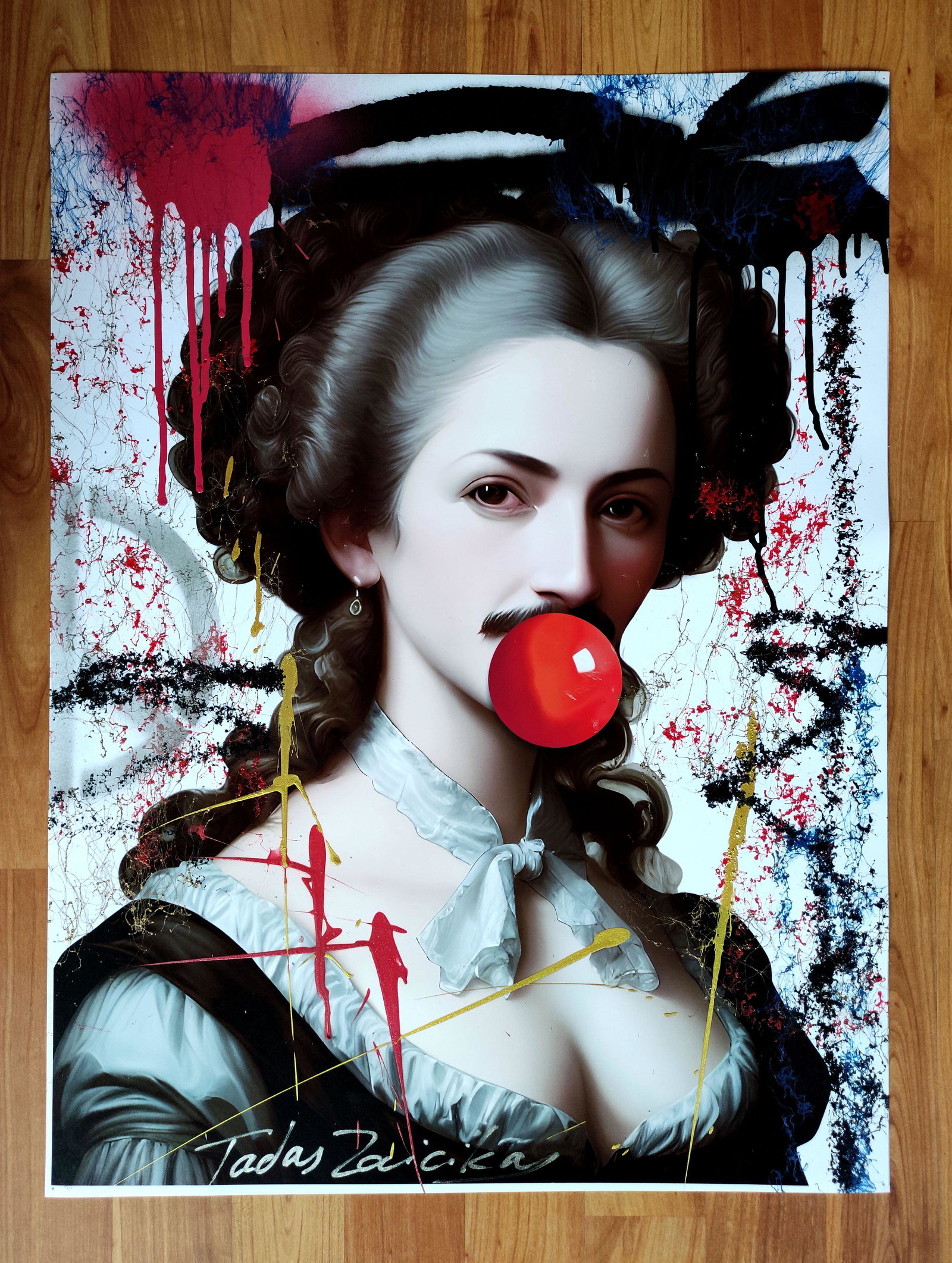 TedyZet - Graffiti_ Madam Giulietta A, mixed media street art painting, COA; 18" x 24"in: Mixed media (digital print, spray paints and acrylic on top) street art style original painting. Title: "Graffiti_ Madam Giulietta A"; Year: 2023; Not framed, shipping rolled up in the tube. Hand sign