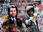 TedyZet - Graffiti_ Pulp Fiction Travolta & L Jackson, mixed media street art painting, COA; 18" x