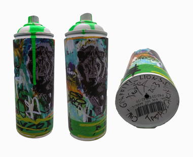 TedyZet - Sculpture/painting -CAN_Graffiti Wall- Lions #1, COA; 7"x 3"x 3"in: This original 3D artwork is hand-painted on an empty spray-paint can. Title: CAN_Graffiti Wall- Lions #1; Year: 2023; Hand signed; Artist: Tadas Zaicikas - TedyZet (b1974); Certificate of