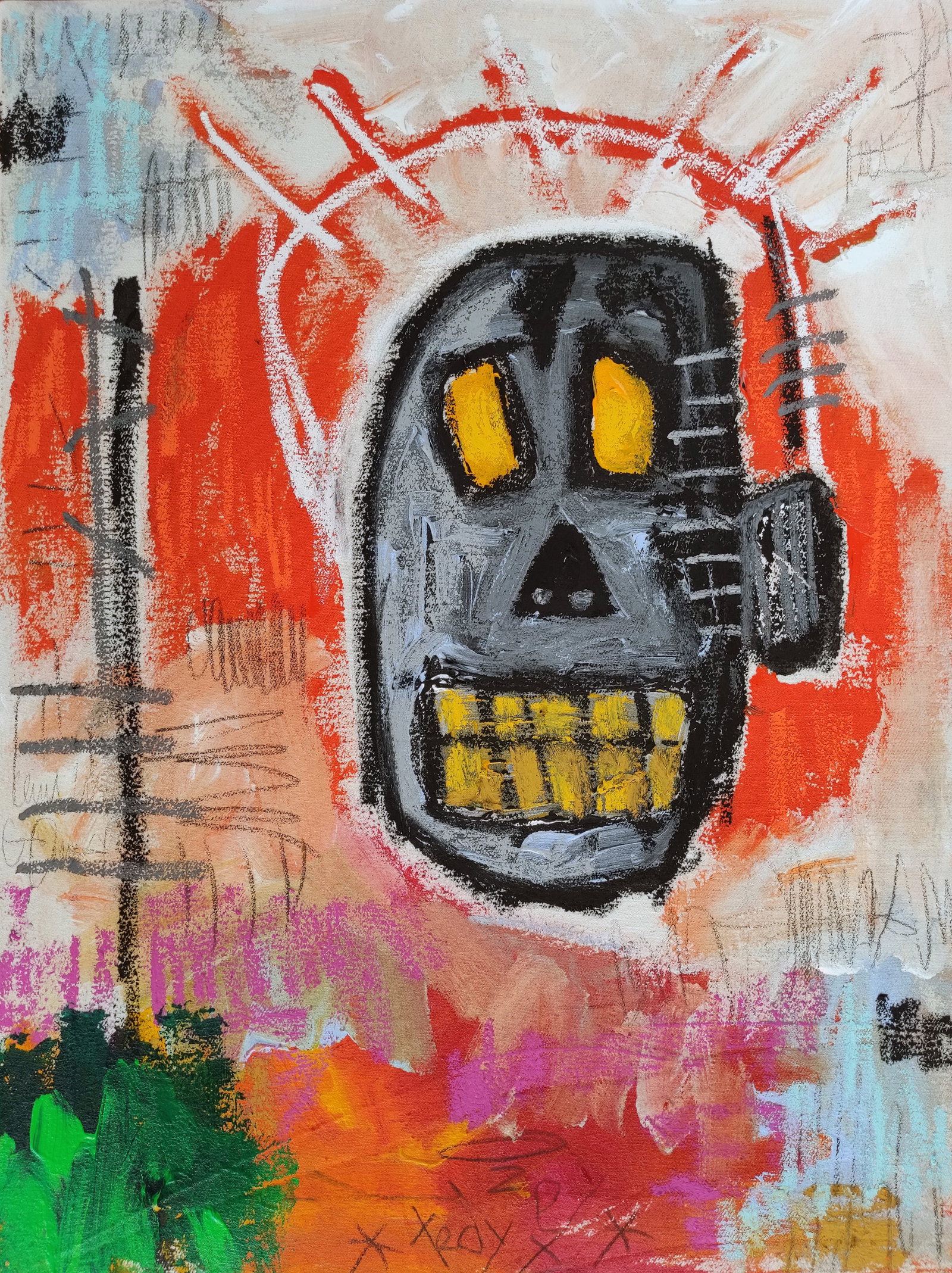 TedyZet - Original OIL Art "Saint Skull", urban abstract, COA, 24"x18"in: Original OIL painting on canvas! Title: "Saint Skull"; Year: 2023; Hand signed; Artist: Tadas Zaicikas - TedyZet (b1974); Certificate of Authenticity issue by the artist. Medium: Oil pastels, and acry