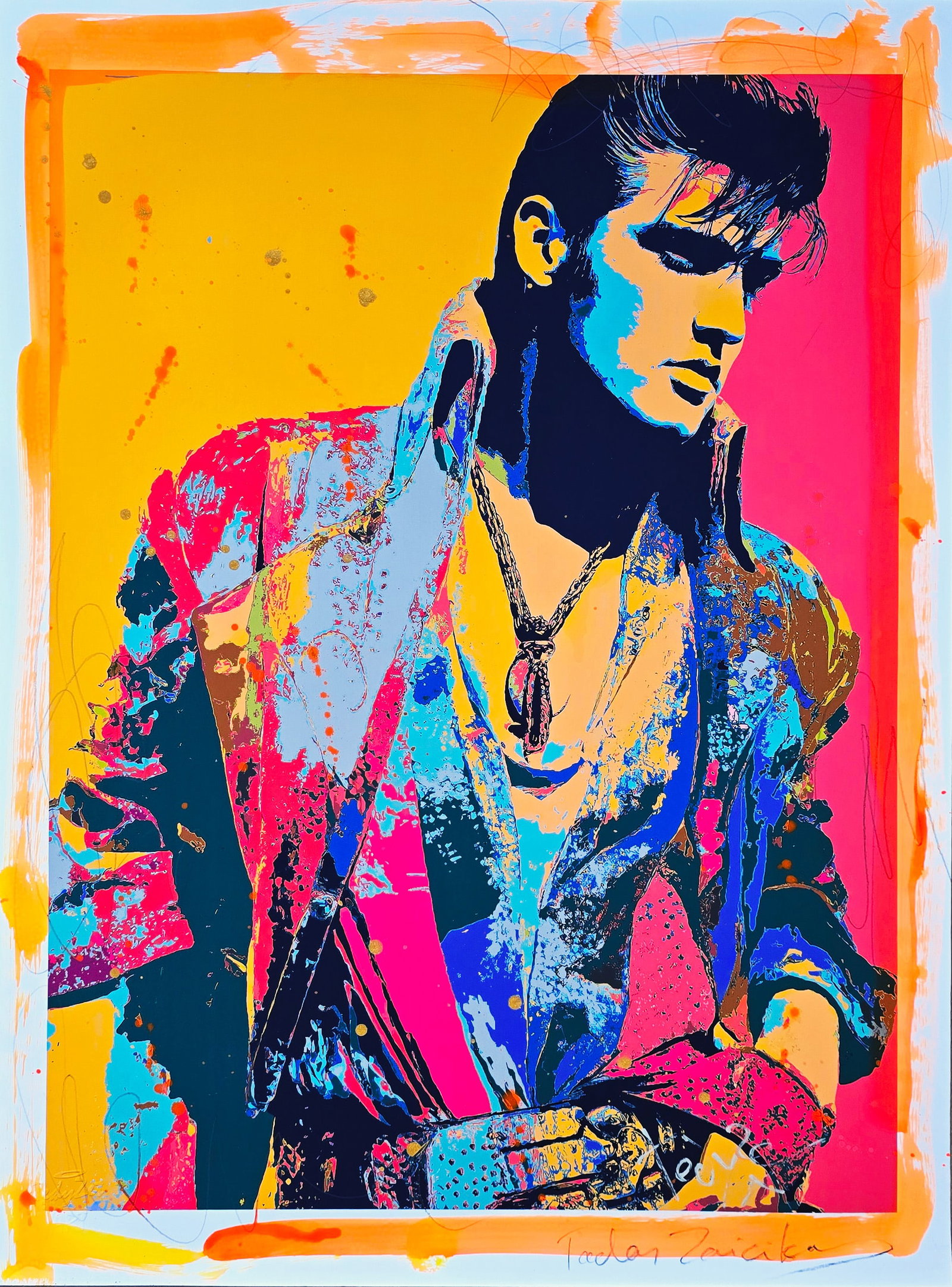 ElvisPresley_ King of POP Art – 18"x24" – TedyZet – Original painting: ElvisPresley_ King of POP Art 18 x 24 inches (approx. 46 x 61 cm)Mixed media: Canon ink, acrylic ink, spray paints, charcoal, glitter, markers on Canon 230GSM art paper.Signed by the artist on the fro