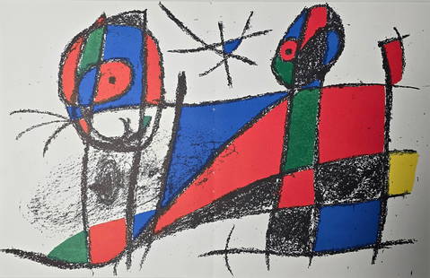 Joan Miró, Original Lithograph VI, 1975, from “Miró Lithographs Volume III”: Original color lithograph from Miró Lithographs III, printed by Mourlot, Paris, and published in 1975. Plate VI. Unsigned, as issued. Printed on double-page folded sheet with center crease, as publis
