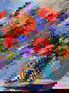 TedyZet – Electric Bouquet #A1 , Original Artwork on Metallic Paper, 18x24 in: Electric Bouquet #A1 bursts with vibrant, expressive color in this dazzling floral composition by TedyZet (Tadas Zaicikas). Painted in sweeping, energetic strokes, the piece captures a wild bouquet gl