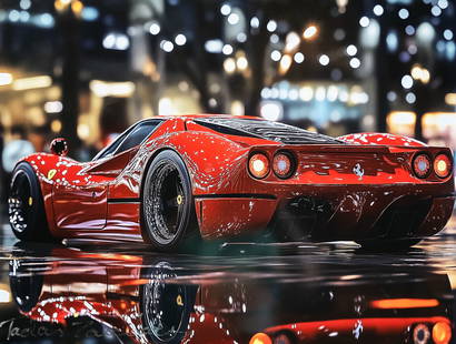 TedyZet – Ferrari: La Notte Rossa , Original Artwork on Metallic Paper, 18x24 in: Ferrari: La Notte Rossa by TedyZet (Tadas Zaicikas) captures the sleek power and seductive allure of Italian automotive design. This dynamic original artwork features a gleaming red Ferrari set agains