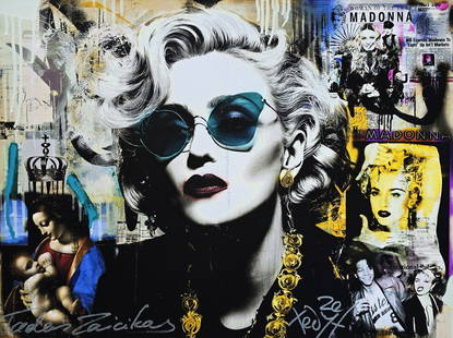 TedyZet – Madonna_ Holy Icon #A , Mixed Media on Canvas, 18x24 in: Madonna_ Holy Icon #A reimagines the legendary pop icon as a layered cultural deity — part saint, part superstar. With bold turquoise glasses, golden accessories, and an aura of 80s glamour, she’s