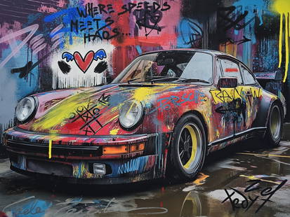 TedyZet – Racing Through The Graffiti , Mixed Media on Canvas, 18x24 in: Racing Through The Graffiti captures the adrenaline of speed and rebellion in a visual explosion of color. Featuring a classic Porsche drenched in vibrant street art, the piece fuses high-performance