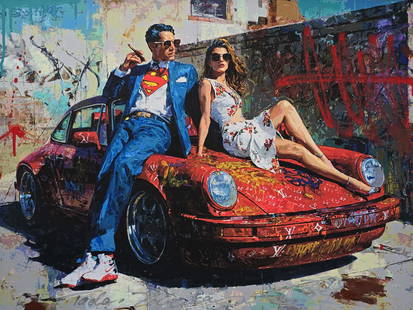 TedyZet – Super Ride #A , Mixed Media on Canvas, 18x24 in: Super Ride #A captures bold charisma and retro glam in a dynamic urban setting. A sharply dressed man with a Superman shirt lounges confidently beside a stylish woman on the hood of a vivid red Porsch
