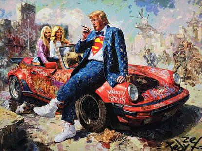 TedyZet – Superficial Savior , Mixed Media on Canvas, 18x24 in: Superficial Savior blends satire and spectacle in a striking visual narrative. A flamboyant figure styled in a Louis Vuitton–patterned Superman suit lounges on the hood of a graffiti-covered Porsche