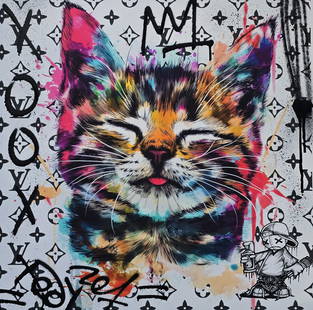 TedyZet – Royal Purr,   Mixed Media on Canvas, 20x20 in: Royal Purr captures a blissfully content kitten glowing with vivid, rainbow-colored fur and graffiti embellishments. Set against a backdrop of designer-inspired patterns, expressive paint splatters, a