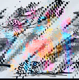 TedyZet – Supreme Whiskers #2 , Mixed Media on Canvas, 20x20 in: Supreme Whiskers #2 blends pop iconography and street-style irreverence in a bold feline form. With graffiti-style scribbles, splashes of vibrant paint, and the unmistakable “Supreme&rdquo; logo emb