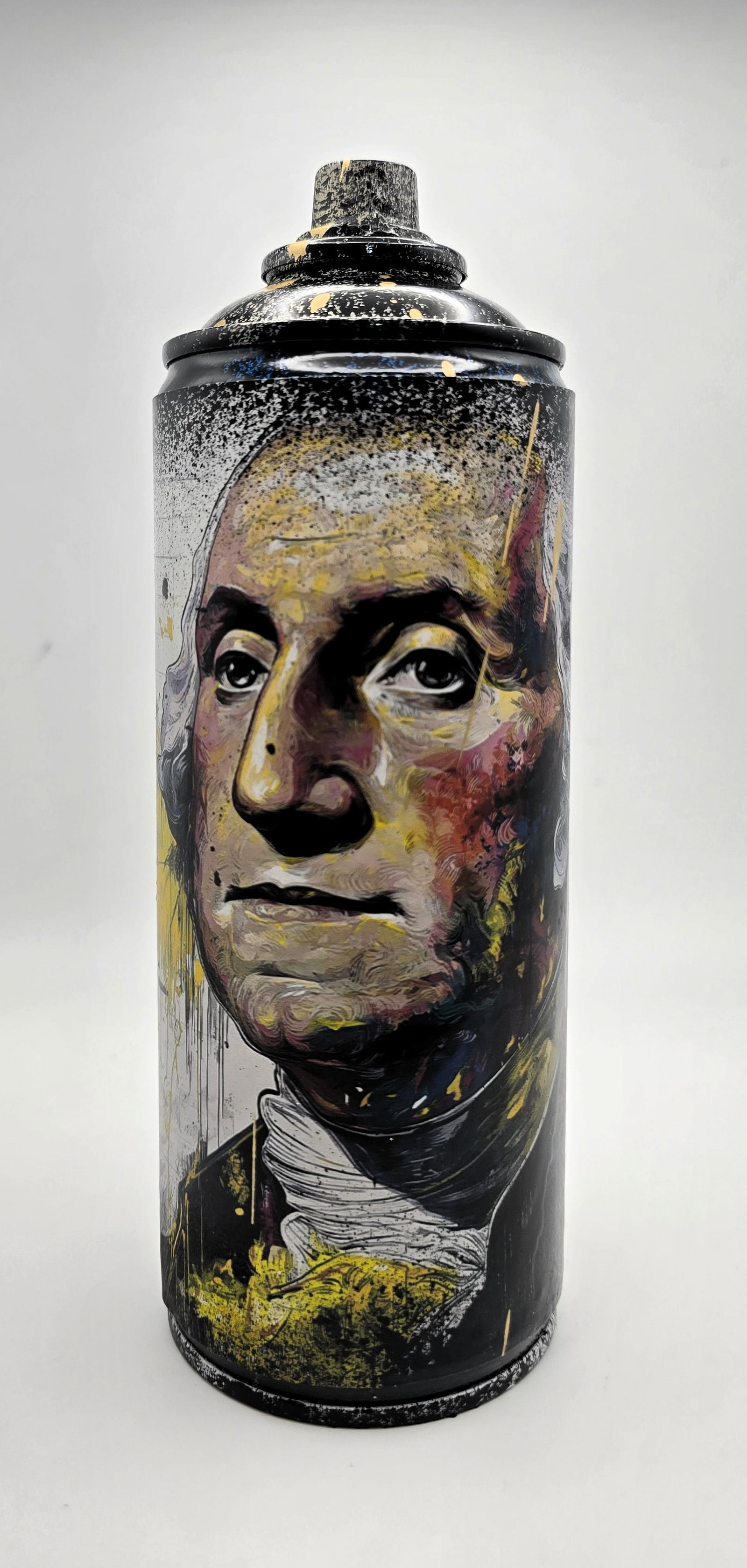 Washington Gold (TZ-18) – 7"x2.6" – TedyZet – Original painting on Spray Paint Can: Empty Spray Can ArtworkApprox. 7 x 2.6 inches (approx. 18 x 6.5 cm)Mixed media: spray paints, marker, ink on recycled spray paint canSigned by the artist on the front and bottomYear: 2025Comes with Ce