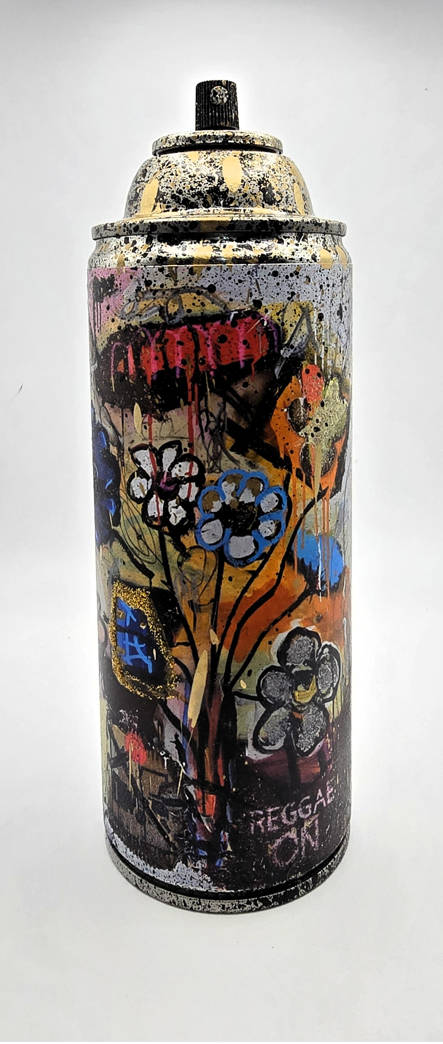 Reggae Bloom (TZ-33) – 7"x2.6" – TedyZet – Original painting on Spray Paint Can: Empty Spray Can ArtworkApprox. 7 x 2.6 inches (approx. 18 x 6.5 cm)Mixed media: spray paints, marker, ink on recycled spray paint canSigned by the artist on the front and bottomYear: 2025Comes with Ce