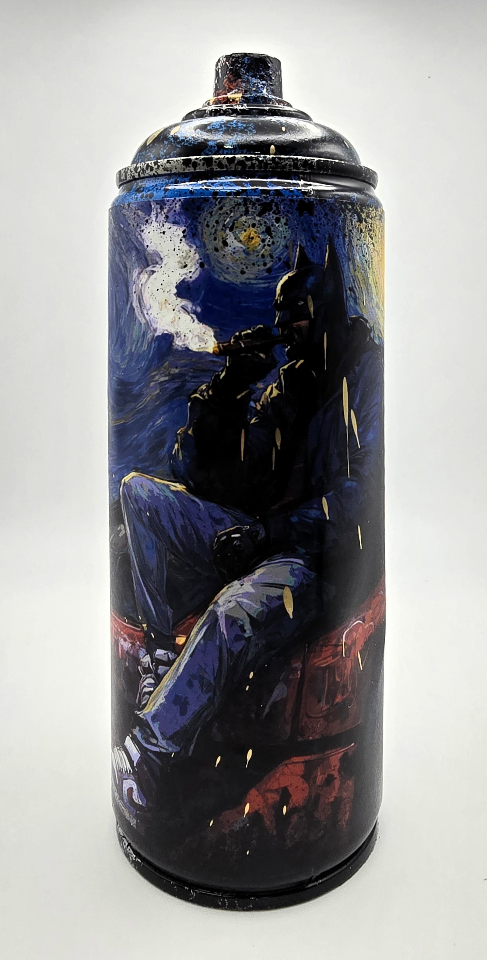 Gotham Night Smoke (TZ-52) – 7"x2.6" – TedyZet – Original painting on Spray Paint Can: Empty Spray Can ArtworkApprox. 7 x 2.6 inches (approx. 18 x 6.5 cm)Mixed media: spray paints, marker, ink on recycled spray paint canSigned by the artist on the front and bottomYear: 2025Comes with Ce