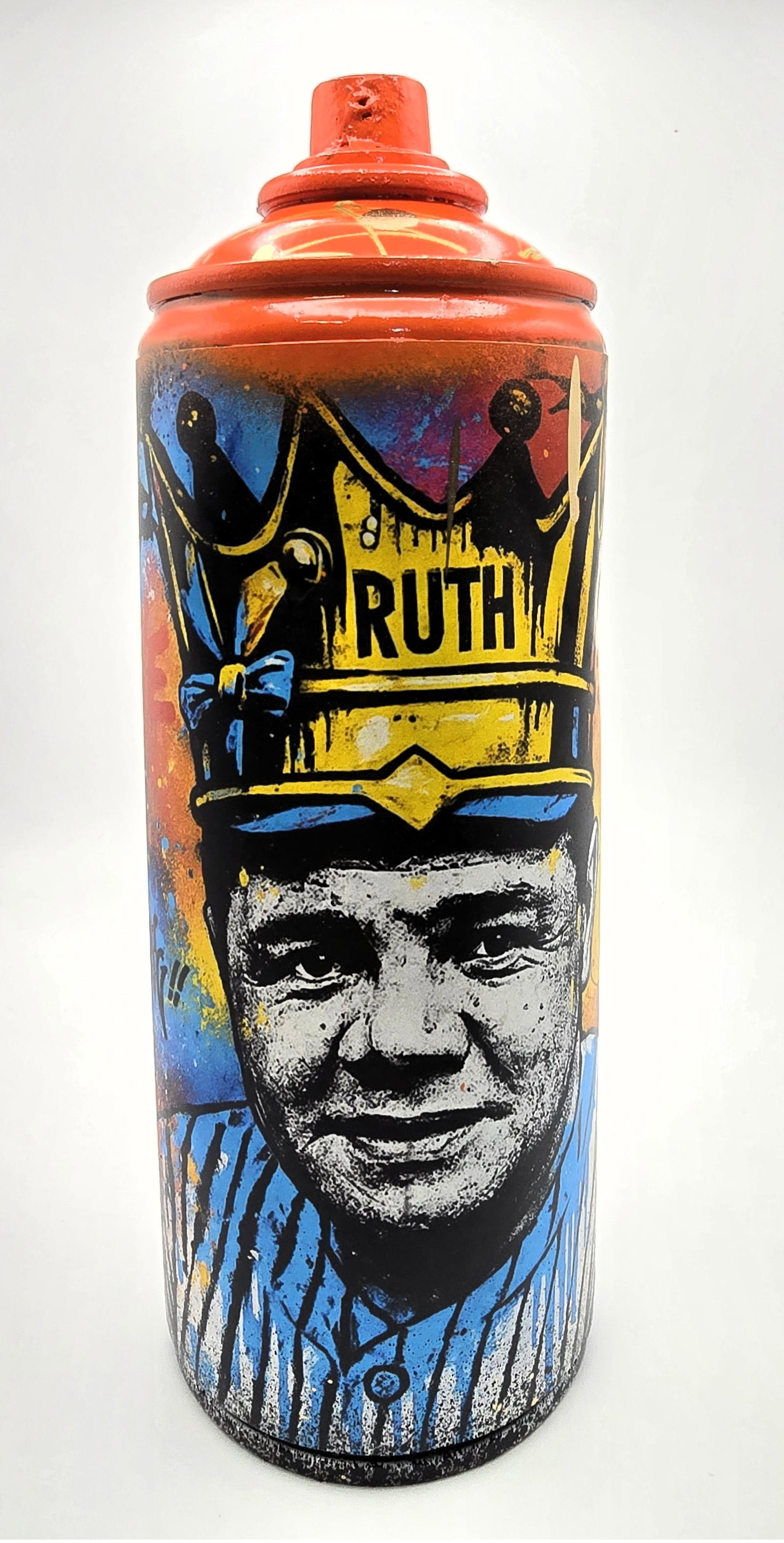 Crowned Ruth (TZ-55) – 7"x2.6" – TedyZet – Original painting on Spray Paint Can: Empty Spray Can ArtworkApprox. 7 x 2.6 inches (approx. 18 x 6.5 cm)Mixed media: spray paints, marker, ink on recycled spray paint canSigned by the artist on the front and bottomYear: 2025Comes with Ce
