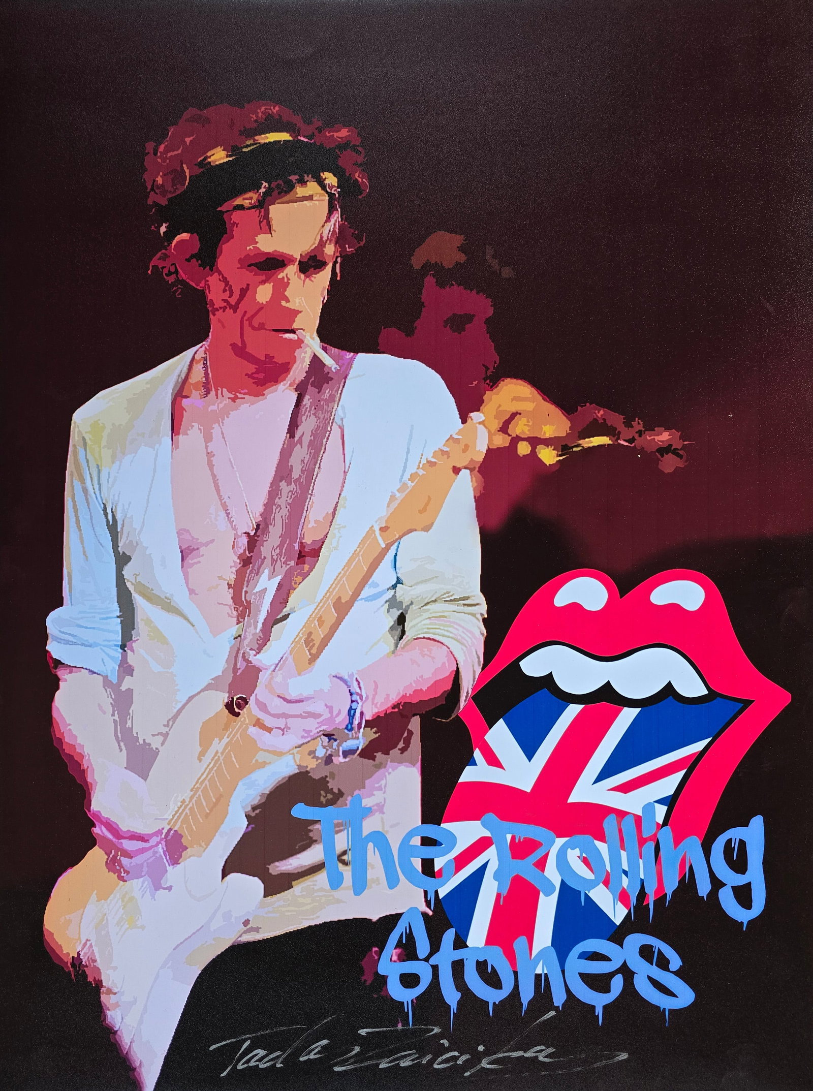The Rolling Stones – Keith Richards – 18"x24" – TedyZet – Painting on paper: "The Rolling Stones – Keith Richards" is an 18 x 24 inch (45.7 x 61 cm) artwork by contemporary artist Tadas Zaicikas (TedyZet), capturing the legendary guitarist mid-performance, cigarette in hand,