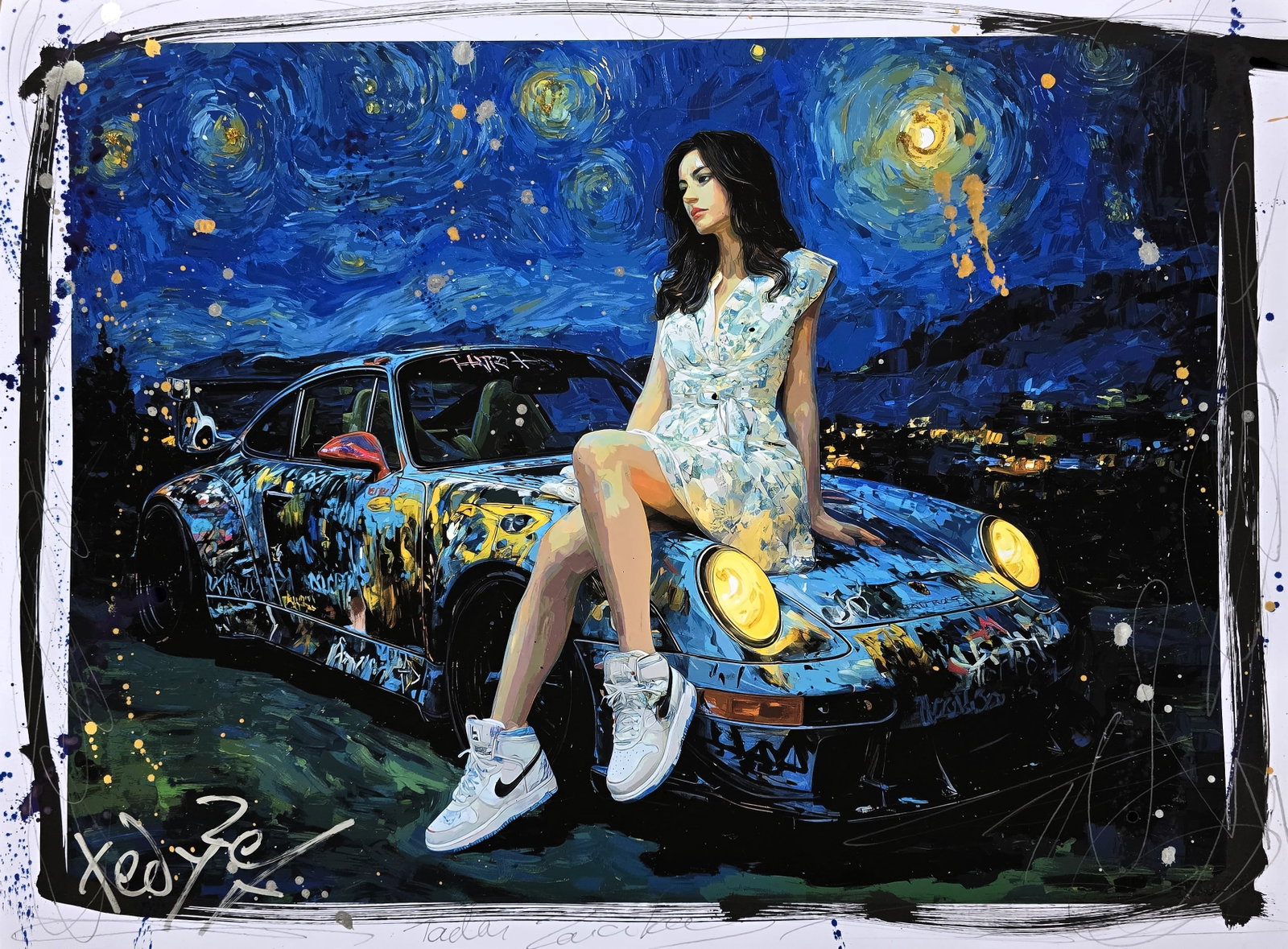 Van Gogh Velocity – 18"x24" – TedyZet – Painting on paper: "Van Gogh Velocity" is an 18 x 24 inch (45.7 x 61 cm) artwork by contemporary artist Tadas Zaicikas (TedyZet), merging the timeless beauty of Vincent van Gogh’s Starry Night with the sleek allure of
