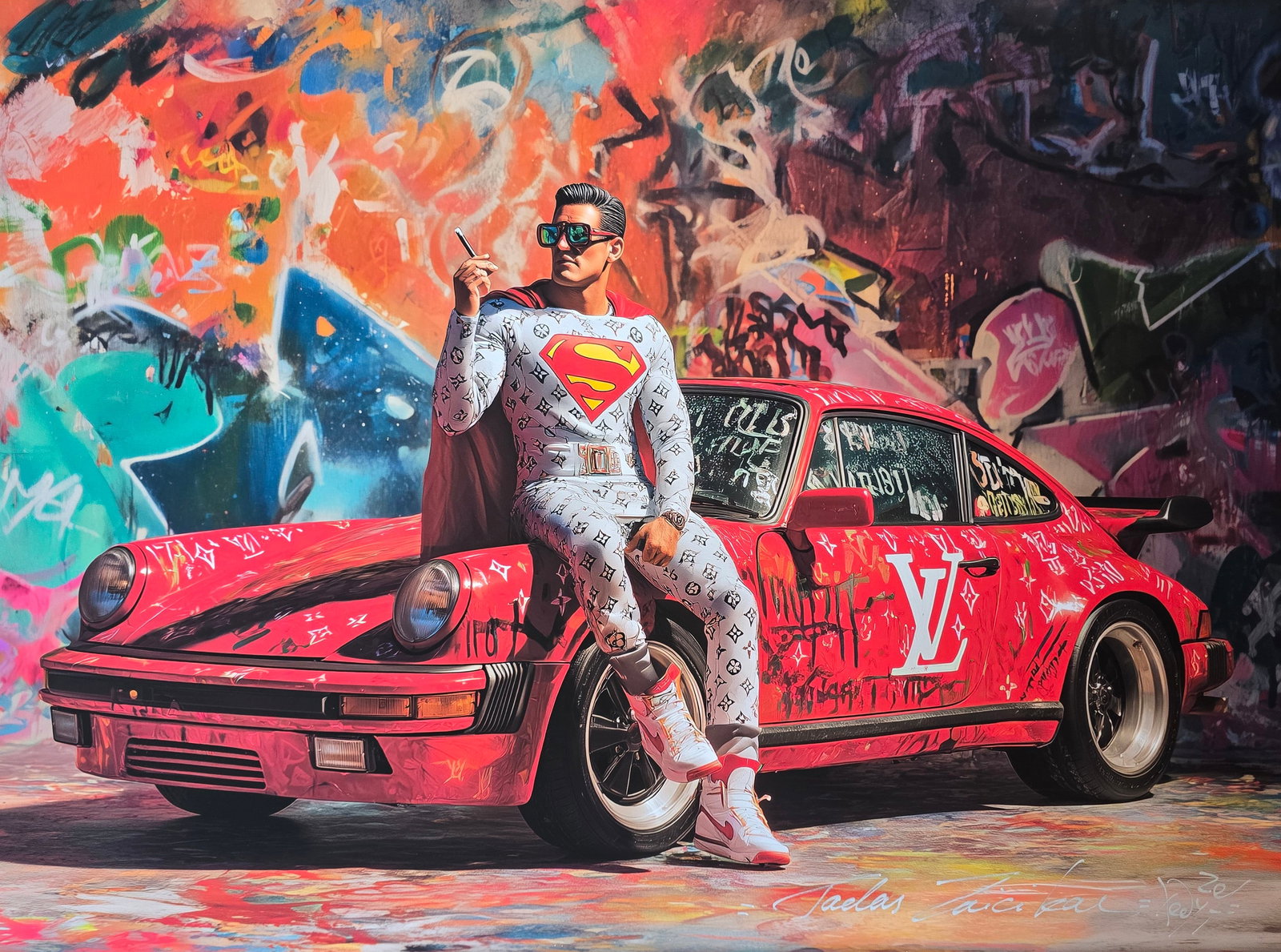 Luxury Hero – 18"x24" – TedyZet – Original mixed media painting: "Luxury Hero" (2025) by contemporary artist TedyZet (Tadas Zaicikas) is an 18x24 inch original mixed media painting on heavyweight textured art paper. This striking work fuses the imagery of Superman
