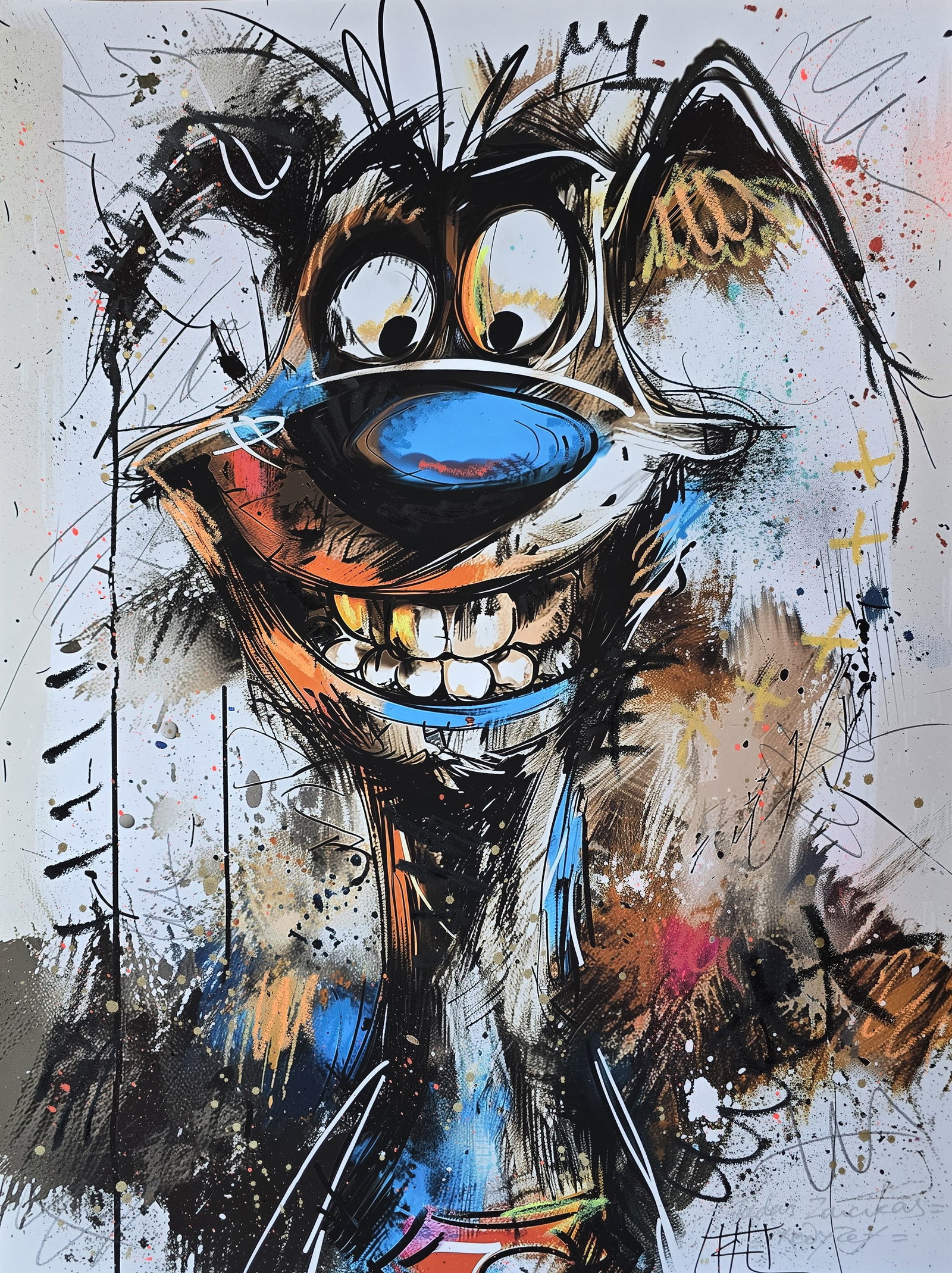 Krypto’s Grin – 24"x32" – TedyZet – Original mixed media painting: "Krypto’s Grin" (2025) by contemporary artist TedyZet (Tadas Zaicikas) is a 24x32 inch original mixed media painting on heavyweight textured art paper. This dynamic piece bursts with energy, featuri