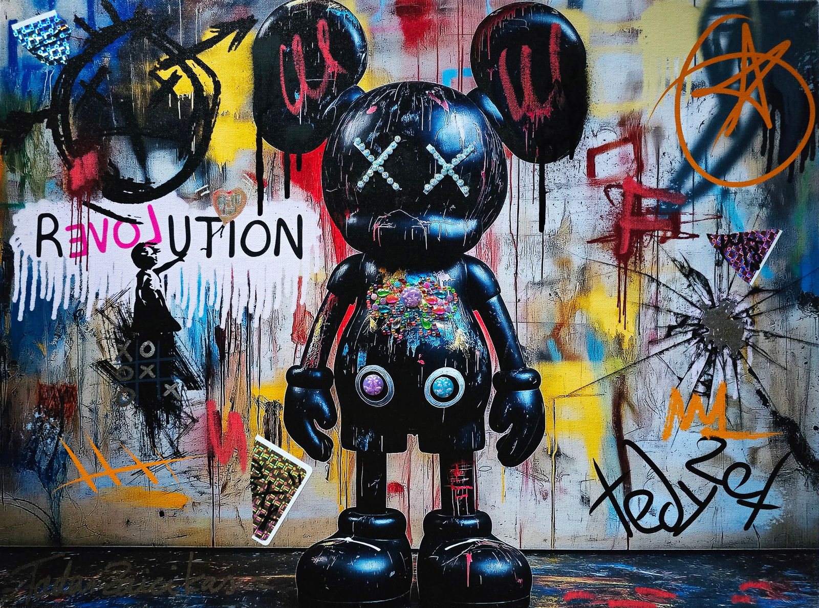 POP Revolution – 18"x24" – TedyZet – Original Mixed Media on Canvas: “POP Revolution” (18 × 24 in / 45.7 × 61 cm) is an original mixed-media painting on gallery-top-quality canvas, stretched and ready to hang (not framed) by Tadas Zaicikas (TedyZet). A dark t