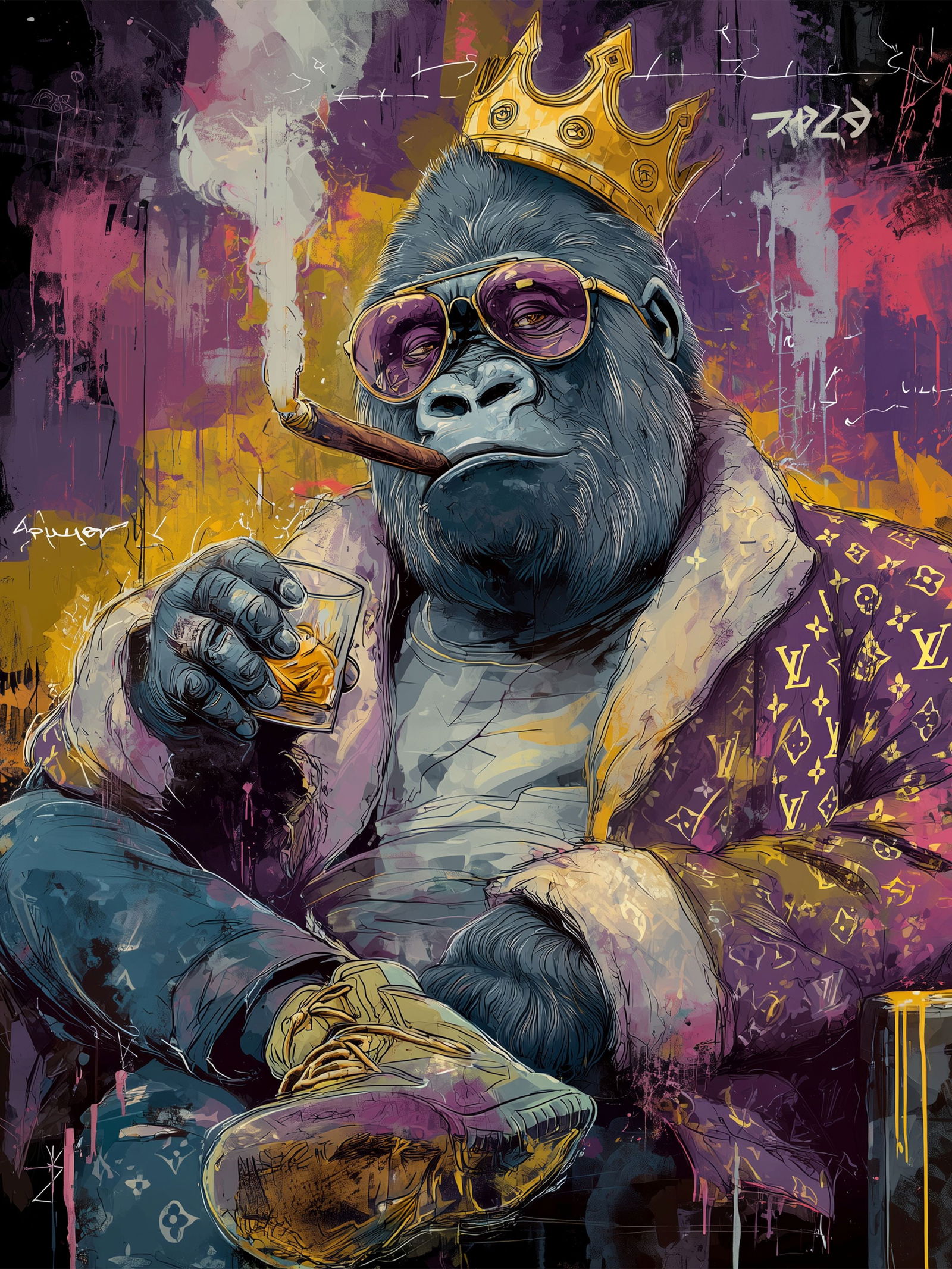 Crowned and Unbothered – 18"x24" – TedyZet – Original mixed media work on paper: Original mixed media artwork by TedyZet (Tadas Zaicikas), work on paper, 18 × 24 inches, part of the artist’s contemporary studio practice exploring power, presence, and modern iconography through