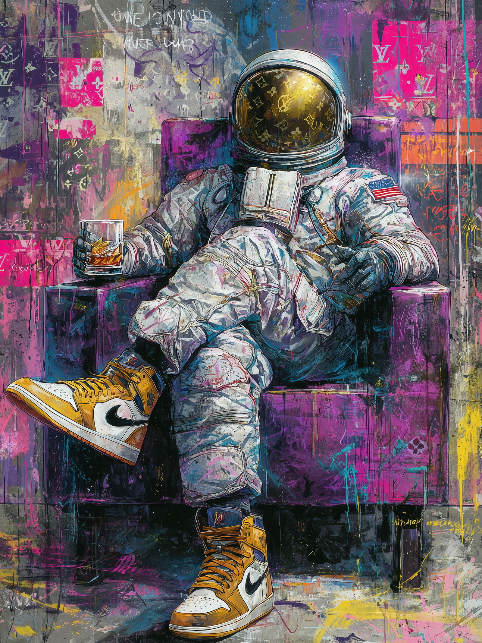 Golden Orbit – 18"x24" – TedyZet – Original mixed media work on paper: Original mixed media artwork by TedyZet (Tadas Zaicikas), work on paper, 18 × 24 inches, part of the artist’s contemporary studio practice exploring power, presence, and modern iconography through