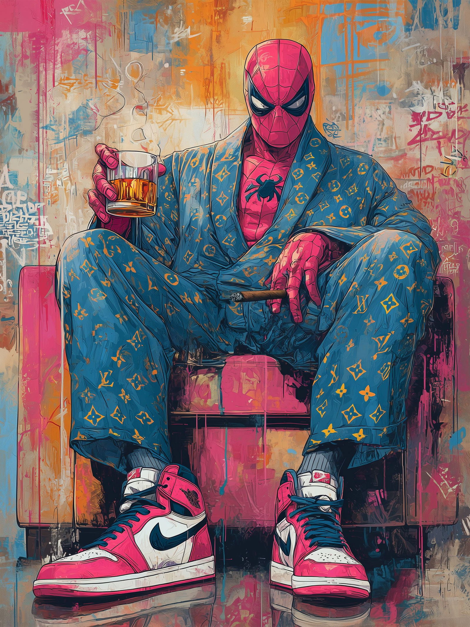 Masked Indulgence – 18"x24" – TedyZet – Original mixed media work on paper: Original mixed media artwork by TedyZet (Tadas Zaicikas), work on paper, 18 × 24 inches, part of the artist’s contemporary studio practice exploring power, presence, and modern iconography through