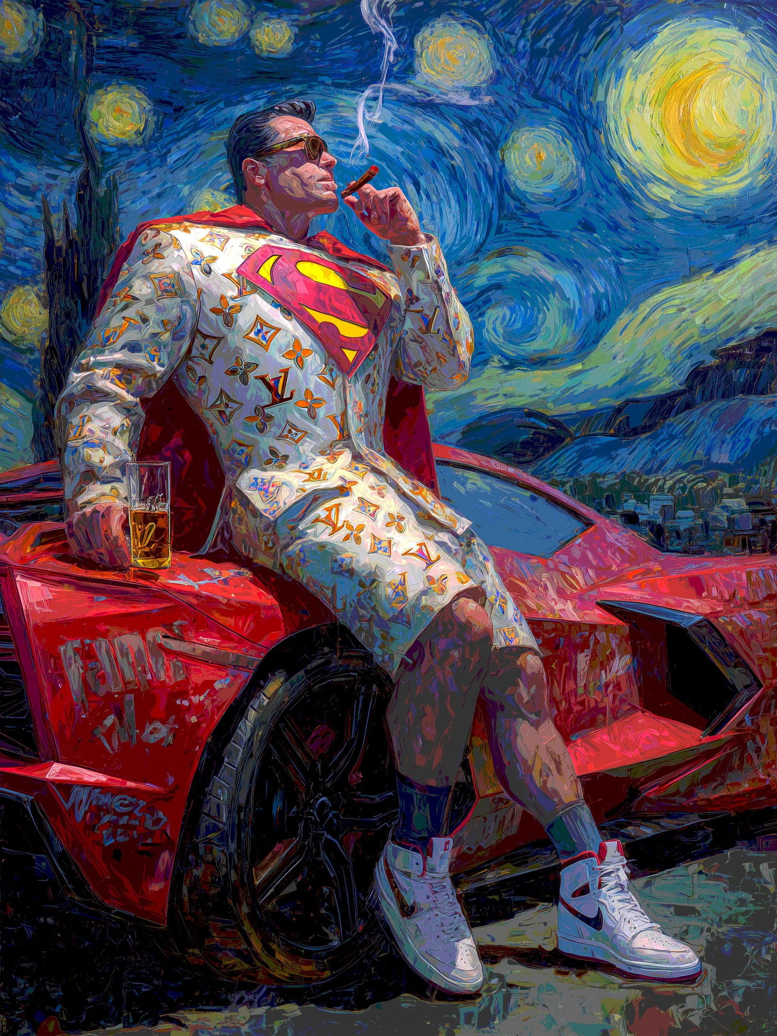 Starry Night Off Duty – 18"x24" – TedyZet – Original mixed media work on paper: Original mixed media artwork by TedyZet (Tadas Zaicikas), work on paper, 18 × 24 inches, part of the artist’s contemporary studio practice exploring power, presence, and modern iconography through