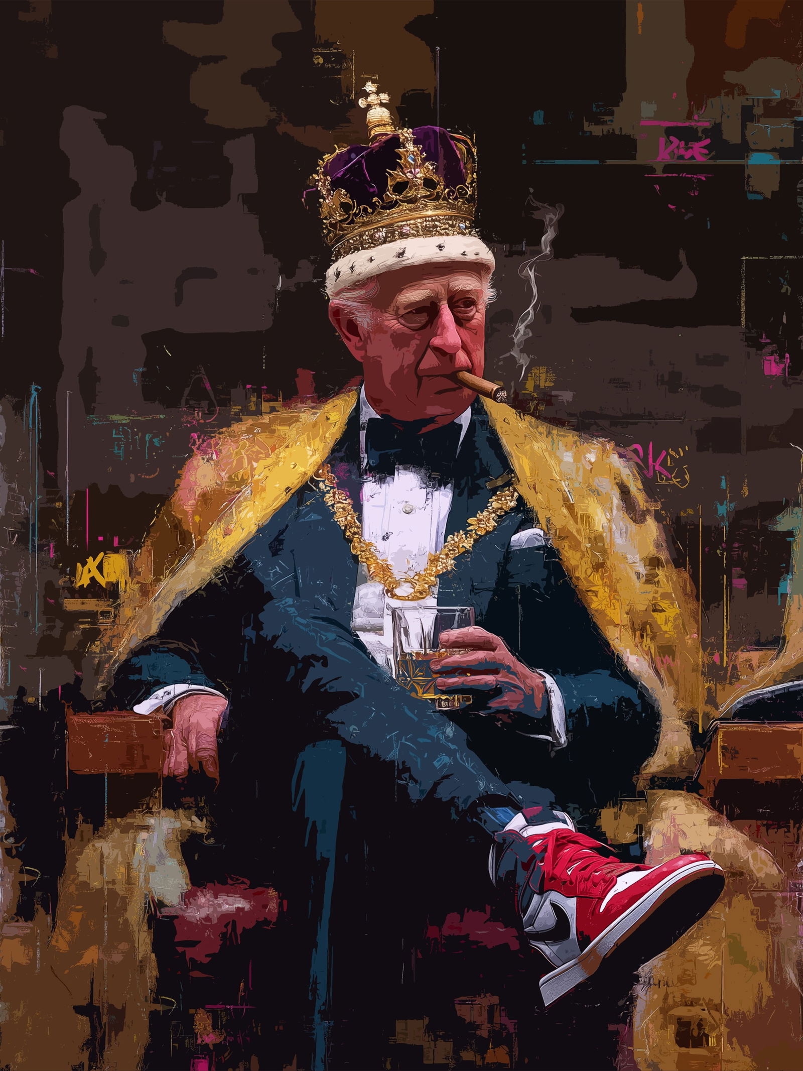 The King After Hours – 18"x24" – TedyZet – Original mixed media work on paper: Original mixed media artwork by TedyZet (Tadas Zaicikas), work on paper, 18 × 24 inches, part of the artist’s contemporary studio practice exploring power, presence, and modern iconography through