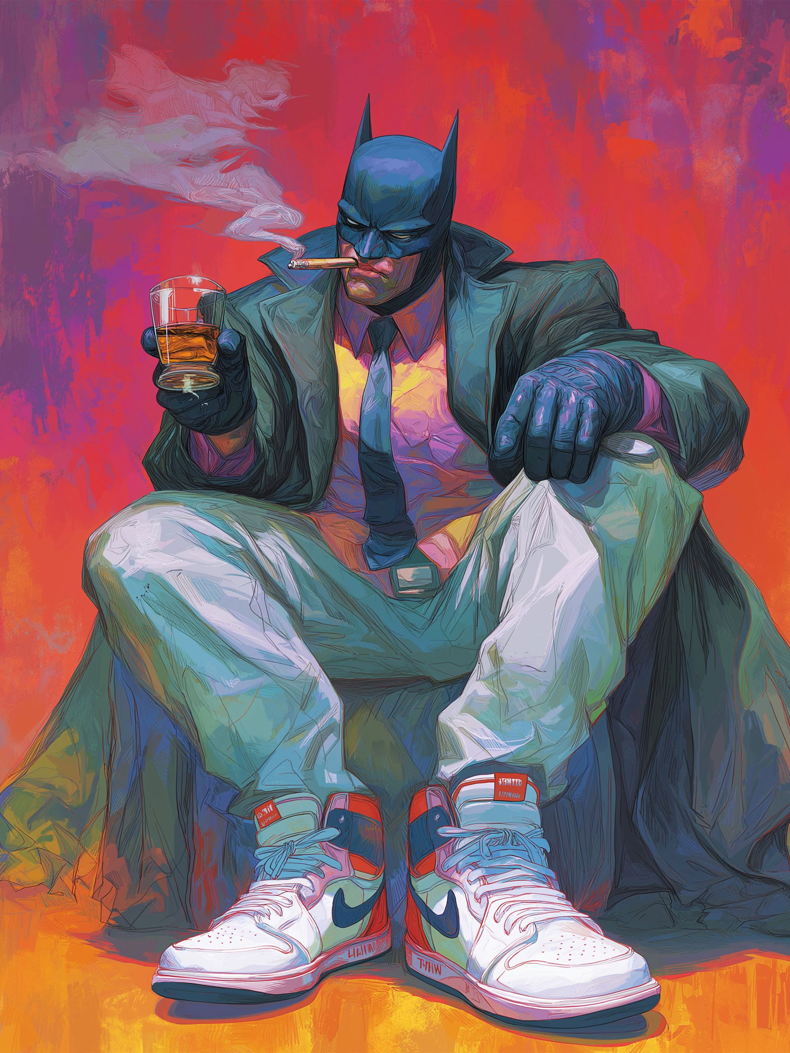 Whiskey for the Watcher – 18"x24" – TedyZet – Original mixed media work on paper: Original mixed media artwork by TedyZet (Tadas Zaicikas), work on paper, 18 × 24 inches, part of the artist’s contemporary studio practice exploring power, presence, and modern iconography through