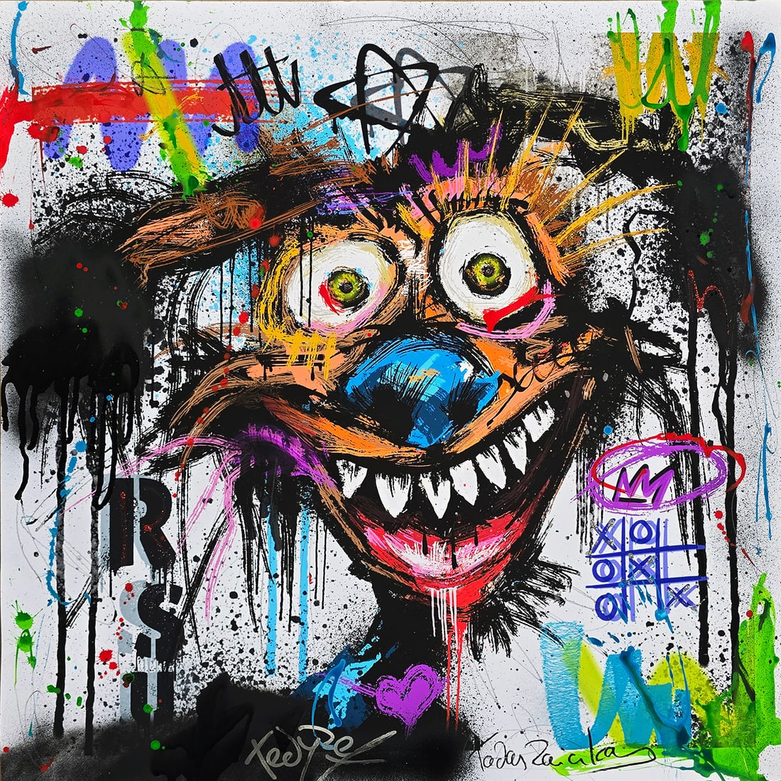 Chaotic Grin – 24"x24" – TedyZet – Original mixed media painting on paper: Original mixed media painting on paper by TedyZet (Tadas Zaicikas), 24 × 24 inches, part of the artist’s expressive narrative abstraction series featuring bold animal imagery, raw gesture, layered