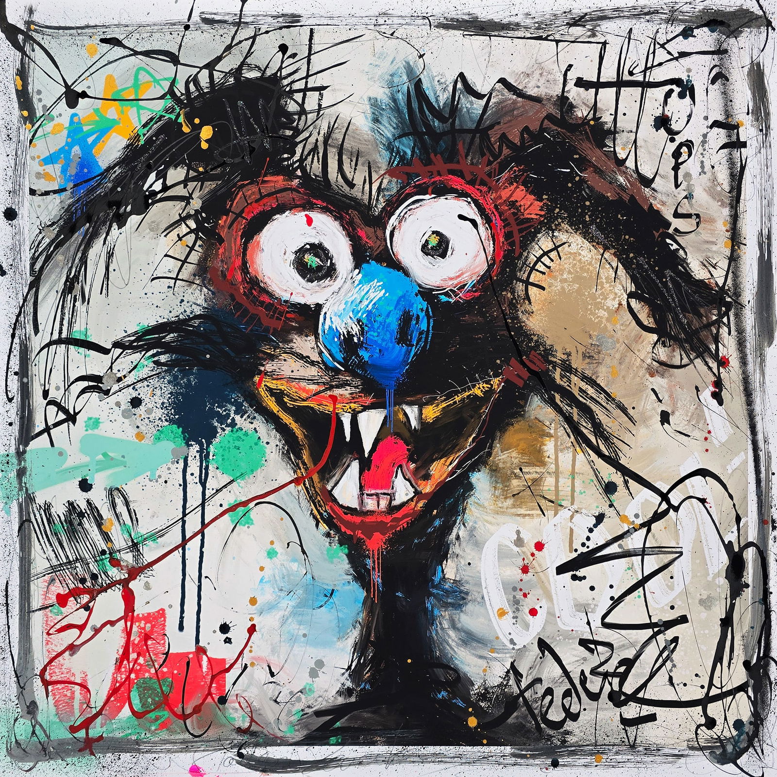 Wild Gleam #S-2 – 24"x24" – TedyZet – Original mixed media painting on paper: Original mixed media painting on paper by TedyZet (Tadas Zaicikas), 24 × 24 inches, part of the artist’s expressive narrative abstraction series featuring bold animal imagery, raw gesture, layered