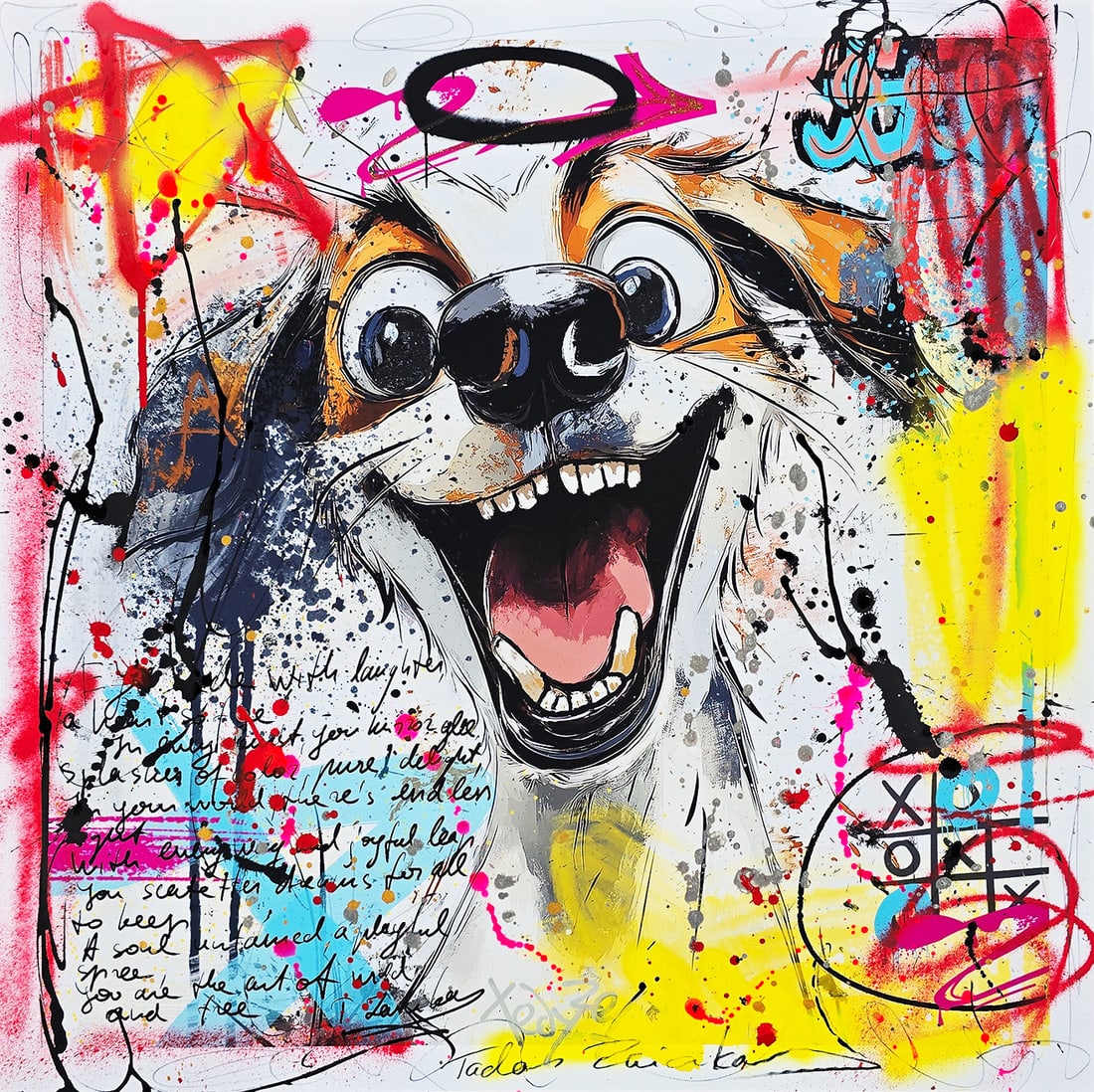 Ecstatic Expression – 24"x24" – TedyZet – Original mixed media painting on paper: Original mixed media painting on paper by TedyZet (Tadas Zaicikas), 24 × 24 inches, part of the artist’s expressive narrative abstraction series featuring bold animal imagery, raw gesture, layered