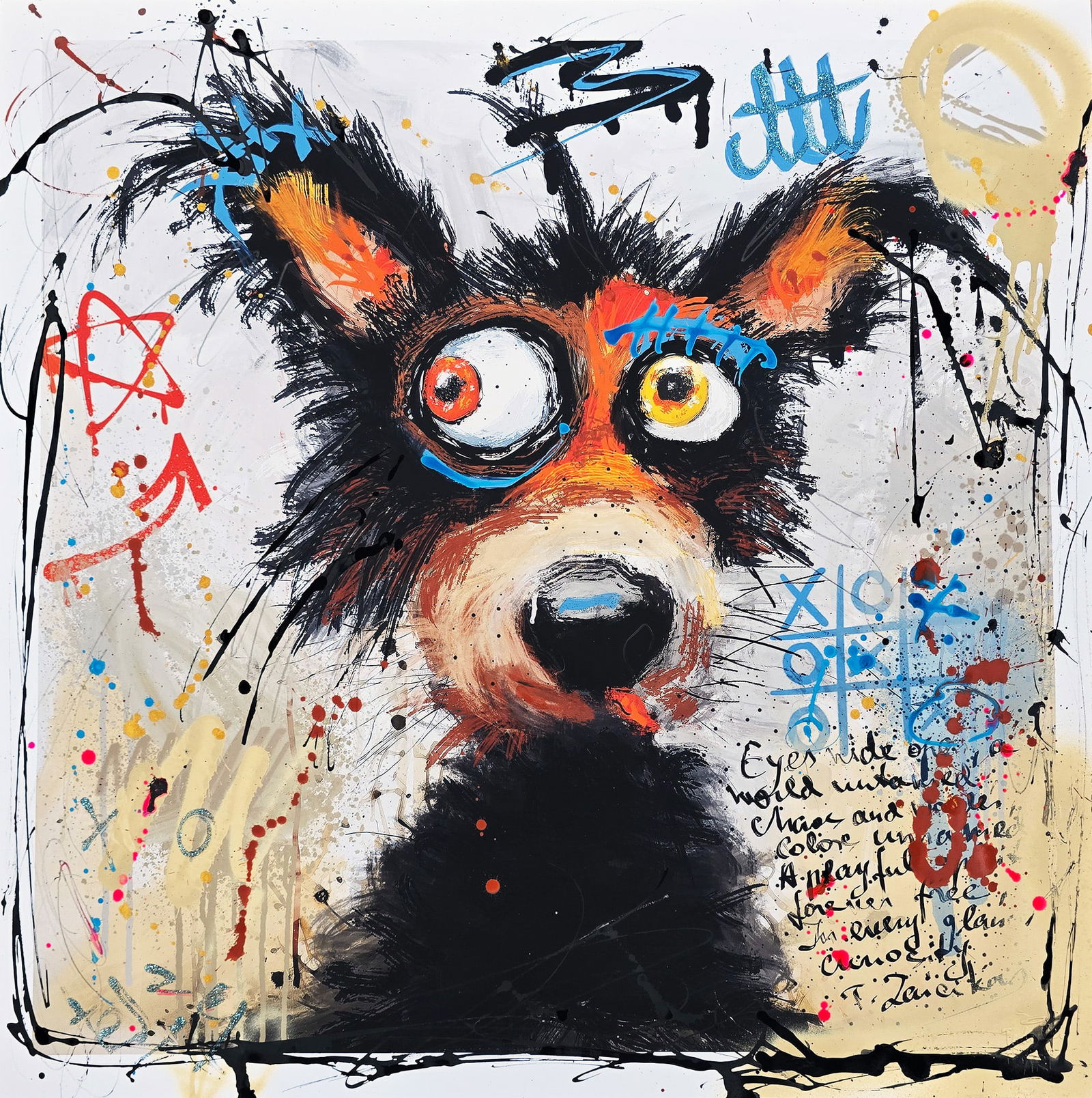 Electric Curiosity – 24"x24" – TedyZet – Original mixed media painting on paper: Original mixed media painting on paper by TedyZet (Tadas Zaicikas), 24 × 24 inches, part of the artist’s expressive narrative abstraction series featuring bold animal imagery, raw gesture, layered