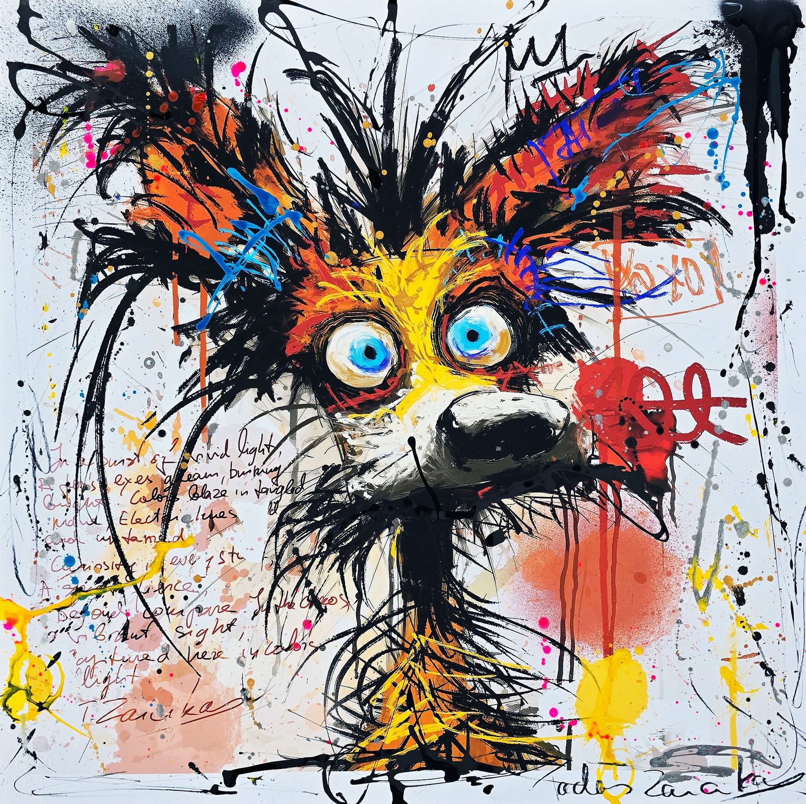 Electric Fox – 24"x24" – TedyZet – Original mixed media painting on paper: Original mixed media painting on paper by TedyZet (Tadas Zaicikas), 24 × 24 inches, part of the artist’s expressive narrative abstraction series featuring bold animal imagery, raw gesture, layered