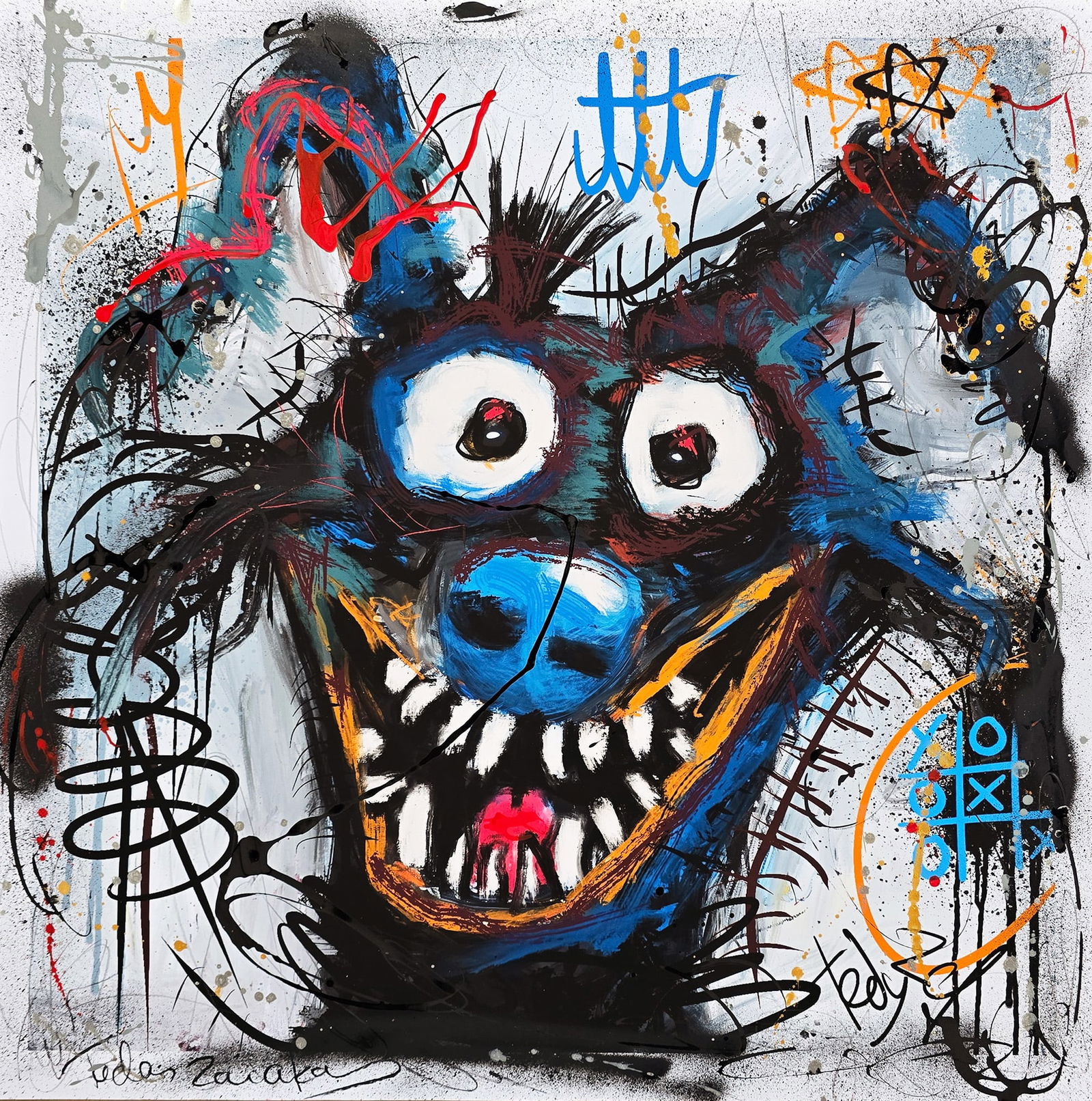 Electric Smiles – 24"x24" – TedyZet – Original mixed media painting on paper: Original mixed media painting on paper by TedyZet (Tadas Zaicikas), 24 × 24 inches, part of the artist’s expressive narrative abstraction series featuring bold animal imagery, raw gesture, layered
