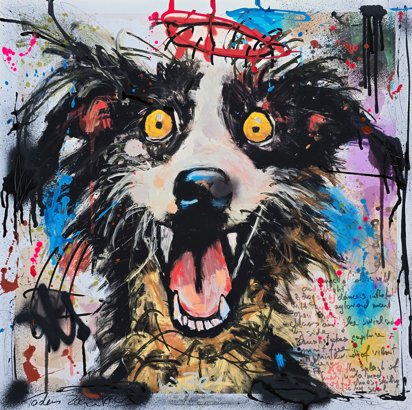 Joyful Chaos – 24"x24" – TedyZet – Original mixed media painting on paper: Original mixed media painting on paper by TedyZet (Tadas Zaicikas), 24 × 24 inches, part of the artist’s expressive narrative abstraction series featuring bold animal imagery, raw gesture, layered