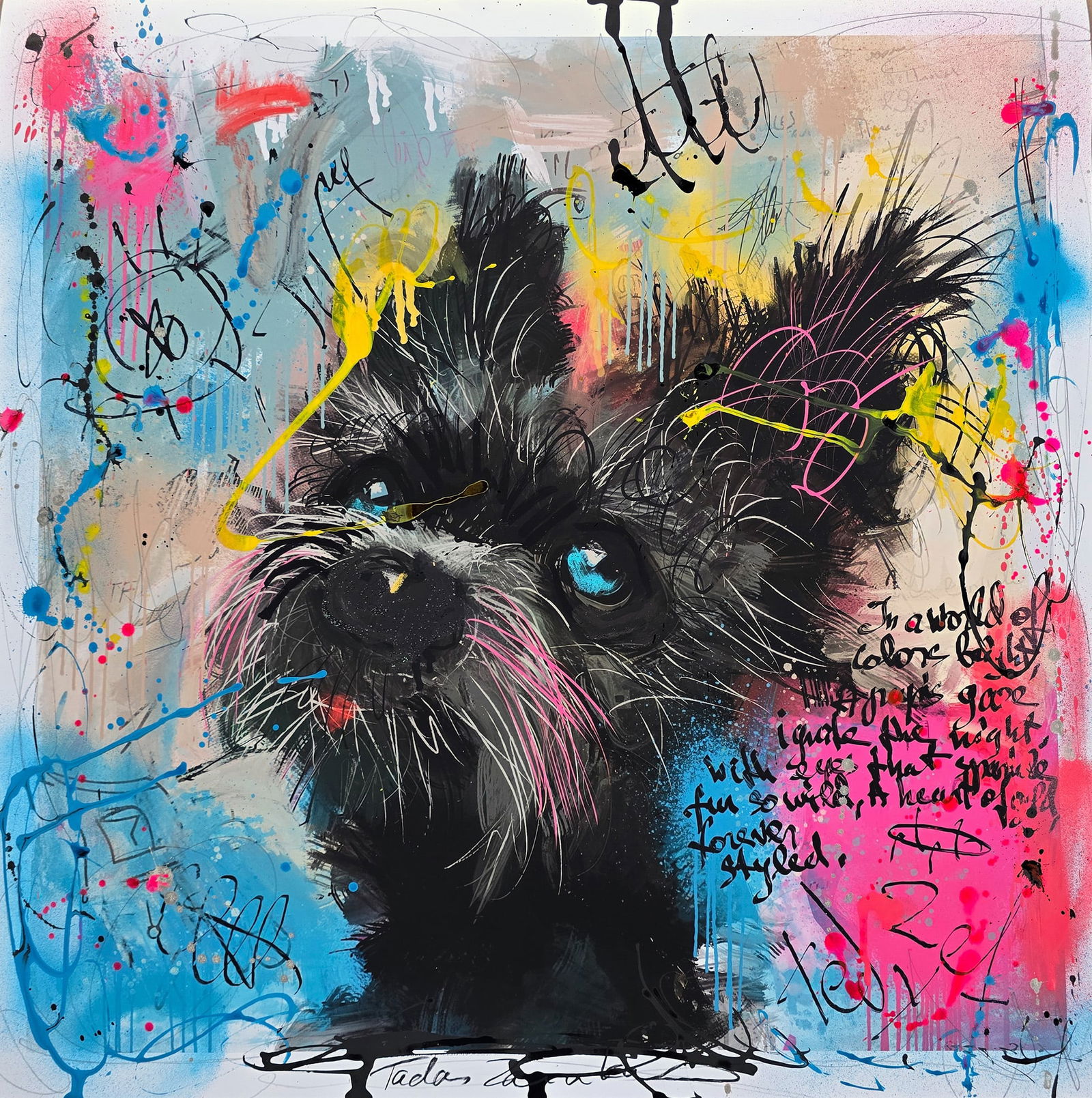 Loyal Companionship – 24"x24" – TedyZet – Original mixed media painting on paper: Original mixed media painting on paper by TedyZet (Tadas Zaicikas), 24 × 24 inches, part of the artist’s expressive narrative abstraction series featuring bold animal imagery, raw gesture, layered