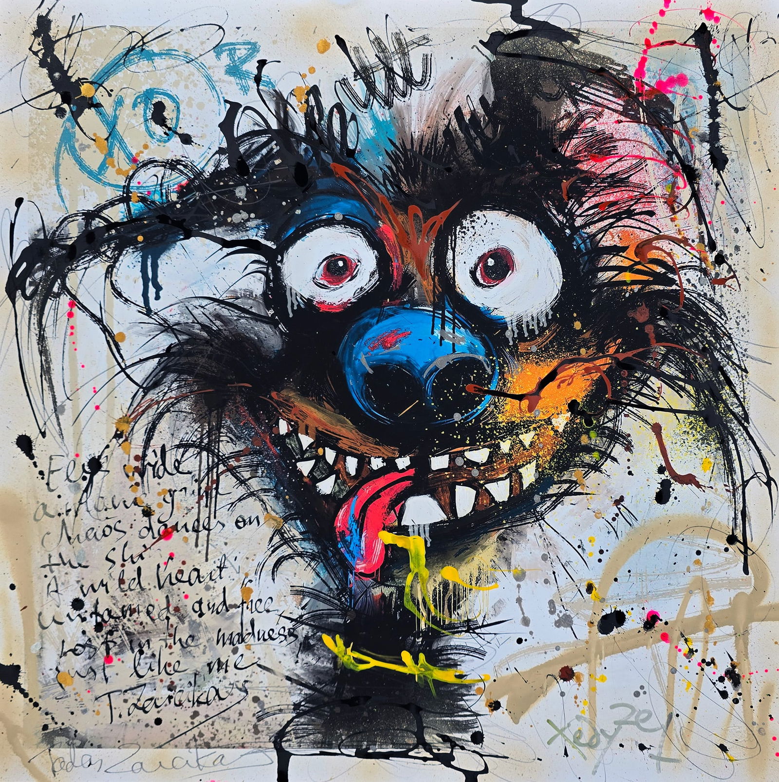 Unbridled Frenzy – 24"x24" – TedyZet – Original mixed media painting on paper: Original mixed media painting on paper by TedyZet (Tadas Zaicikas), 24 × 24 inches, part of the artist’s expressive narrative abstraction series featuring bold animal imagery, raw gesture, layered